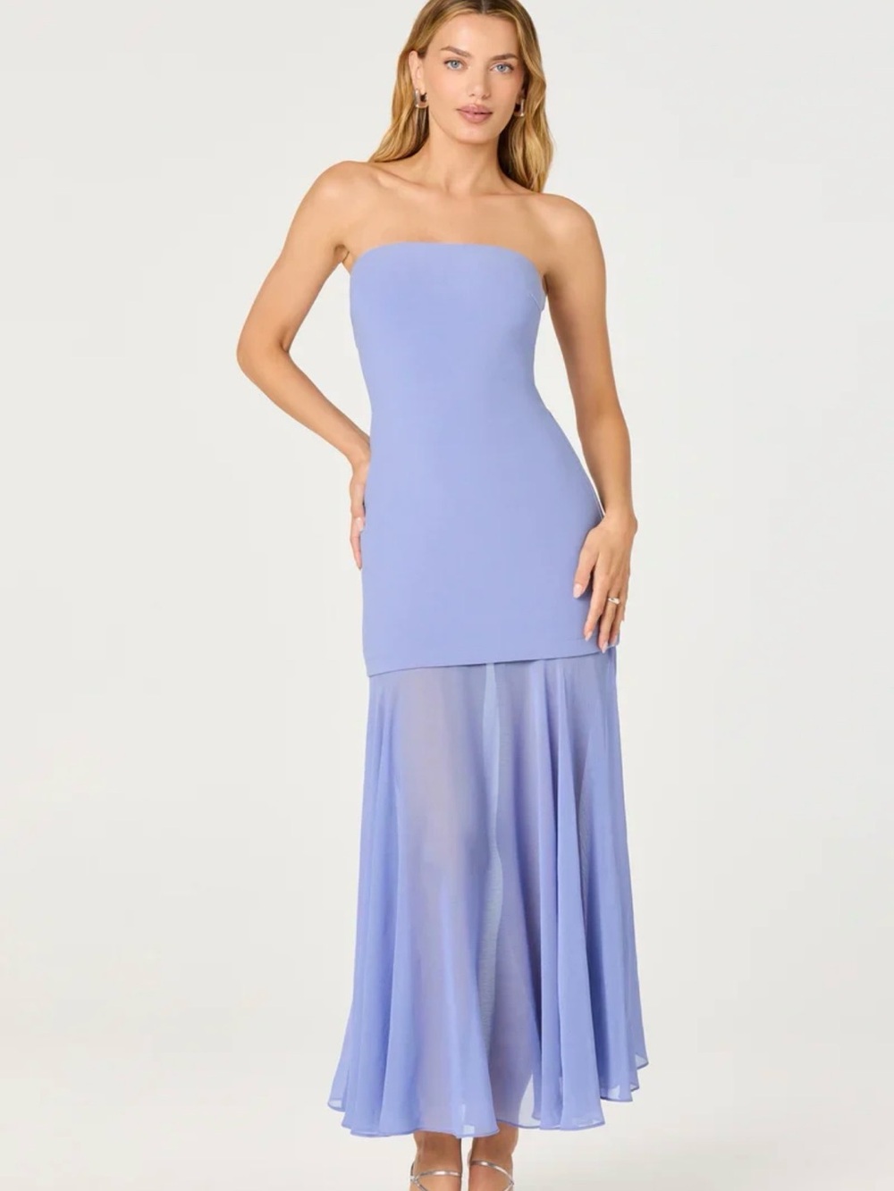 ASTR Strapless Lavender Maxi Gown with Sheer Skirt